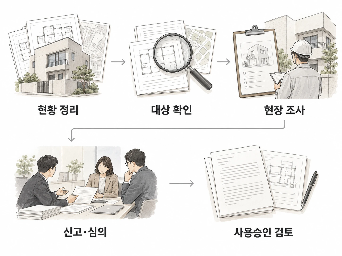 현황 정리, 대상 확인, 현장 조사, 신고·심의, 사용승인 검토로 이어지는 다섯 단계의 준비 순서