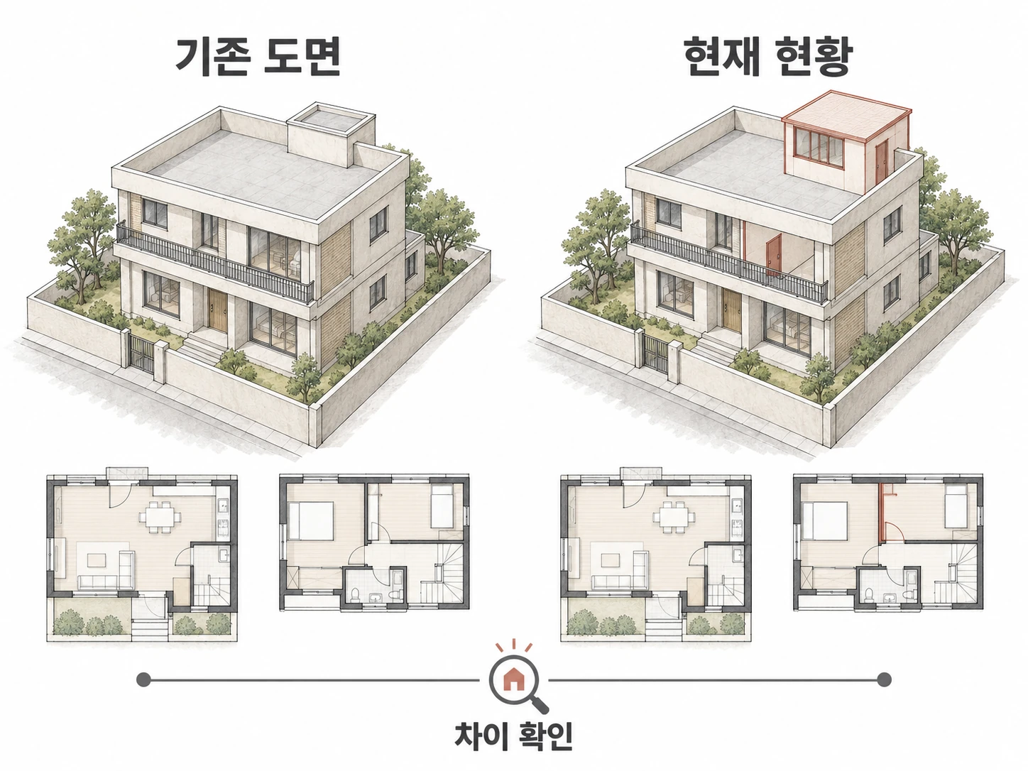 동일한 주택의 기존 도면과 현재 현황을 나란히 비교해 옥상 공간과 내부 칸막이의 차이를 표시한 도해